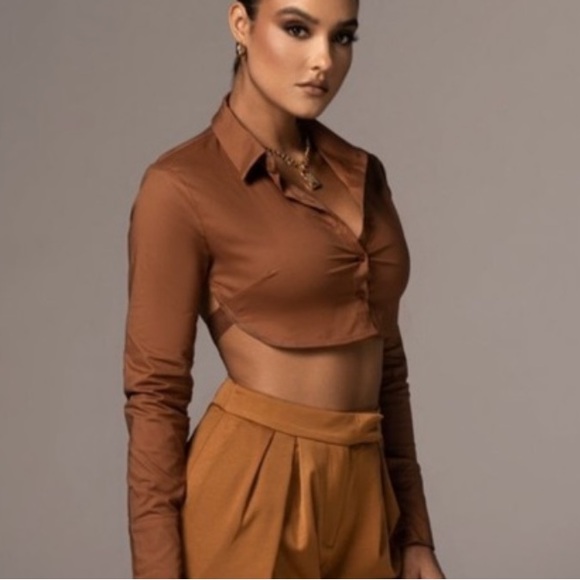 🆕JLUXLABEL BROWN BACKLESS LONG-SLEEVE BUTTON DOWN CROPPED TIE AROUND SHIRT - Picture 9 of 9